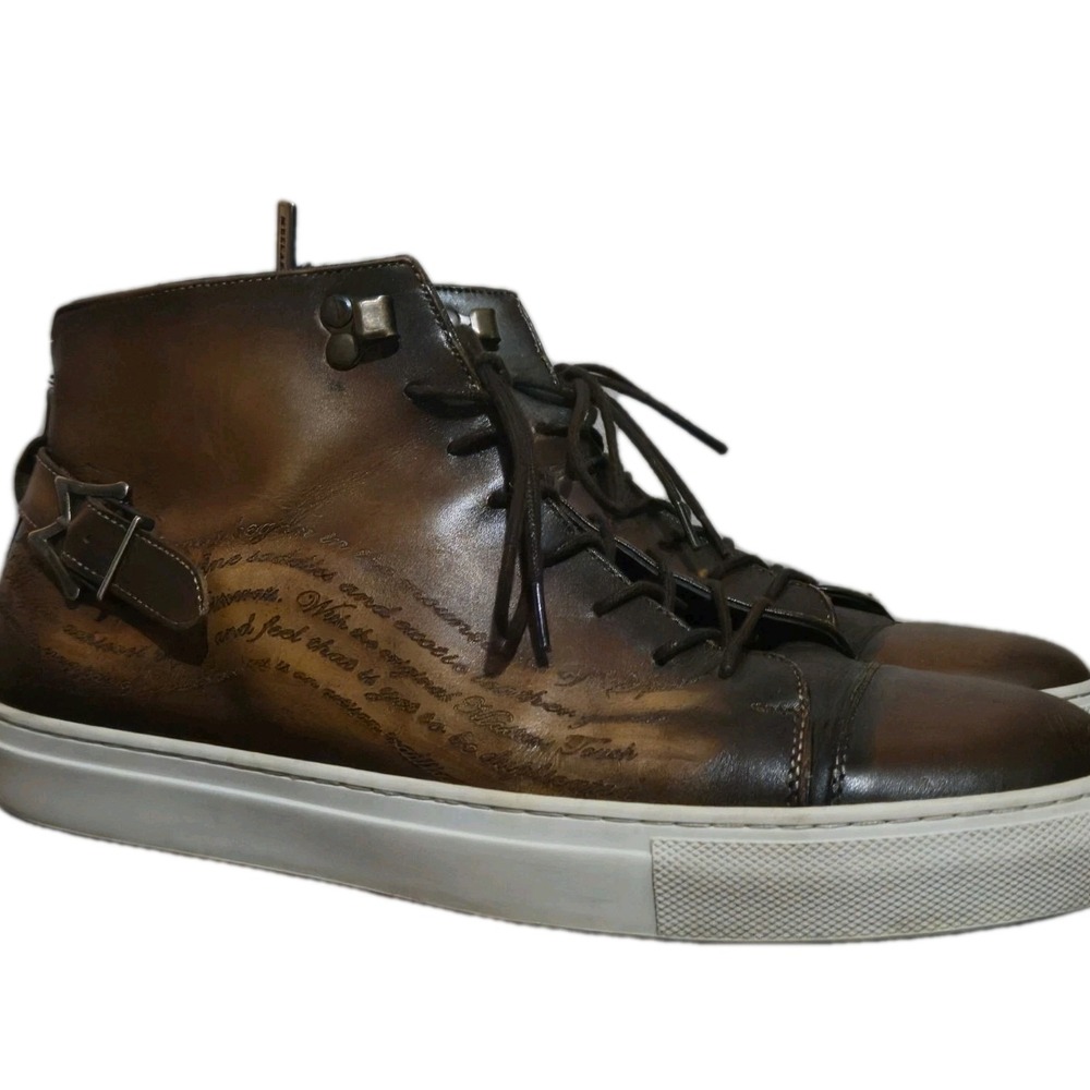 Mezlan Etched Size 8.5 Cognac Genuine Calfskin Hi-Top Sneaker Handmade in Spain